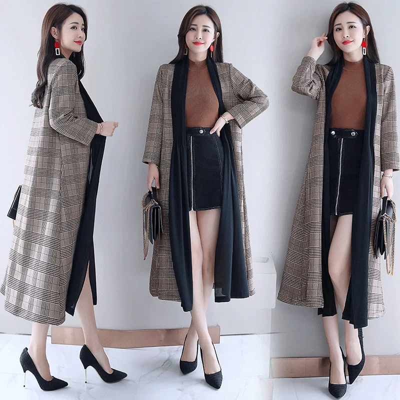 Fashion Casual Mantle Spring And Autumn New Style Plaid Trench Coat Women's Long Outdoor Shawl Coat over-the-Knee Korean-st