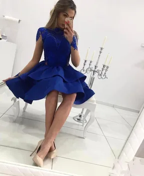 

Blue A Line Scoop Homecoming Dress Cocktail Dress Prom Tiered Satin Vestidos De Fiesta Formal Special Occasion