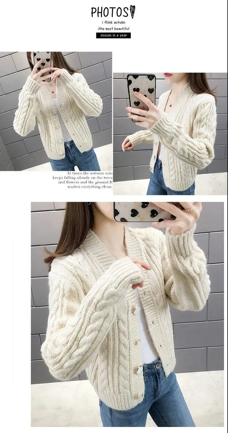 Frauen Neue Gestrickte Einfarbig Pullover Strickjacke Damen Jacke 2024 Herbst Winter Taste Mode College Stil V-ausschnitt Casual Top – Detail 7