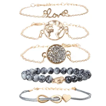 

5Pcs Bohemia Weaving love world map turtles grey beaded set auger carved turquoise alloy bracelets for women