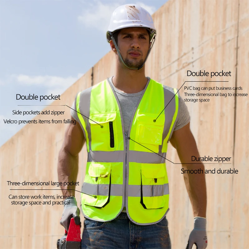 SFVest High Visibility Reflective Safety Vest Safety Clothing Work Reflective Vest Multi Pockets Workwear Waistcoat Men High Visibility Vest