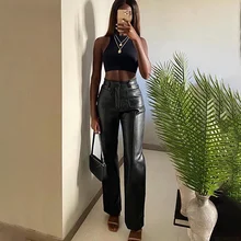 

Synthetic leather women's pants high waist straight tube trouser belt pocket fashion retro Office Casual PU leather pants women
