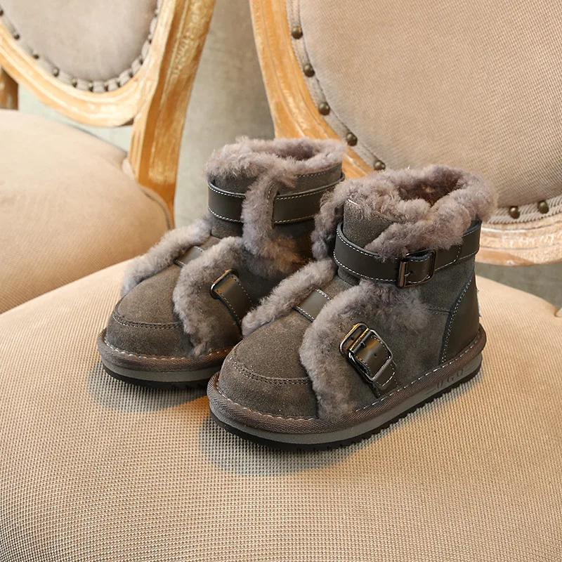 Toddler Girls Boots New Winter Woollen Warm Child Snow Boots Fashion Genuine Leather Boys Martin Boots Antislip Kids Shoes