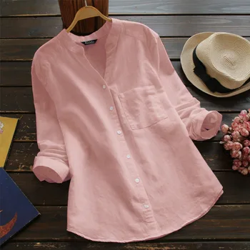 

Plus Size Tunic Women's Cotton Blouse Long Sleeve Tops ZANZEA Elegant Spring Shirts Female Button Blusas Solid Casual Chemise