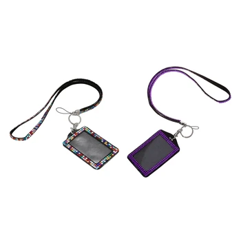 

2 Pcs Rhinestone Bling Crystal Custom Lanyard Vertical ID Badge Holder, Colorful & Dark Purple