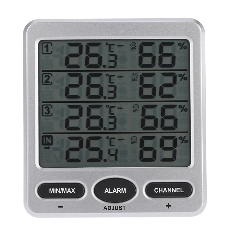 

Multi-Function Lcd Wireless 8-Channel Indoor/Outdoor Temperature and Humidity Meter with Four Remote Sensor Alarm Function Digit