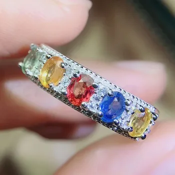 

Per jewelry Natural real colorful sapphire array style ring Free shipping 0.35ct*5pcs gemstone 925 sterling silver Q2042622