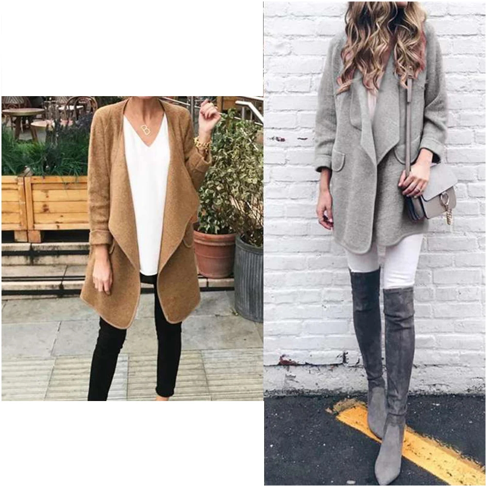 Manteau Femme осень зима женский модный кардиган с длинными рукавами Свободная блуза шерстяная розовая серая однотонная Повседневная кардиганы пальто