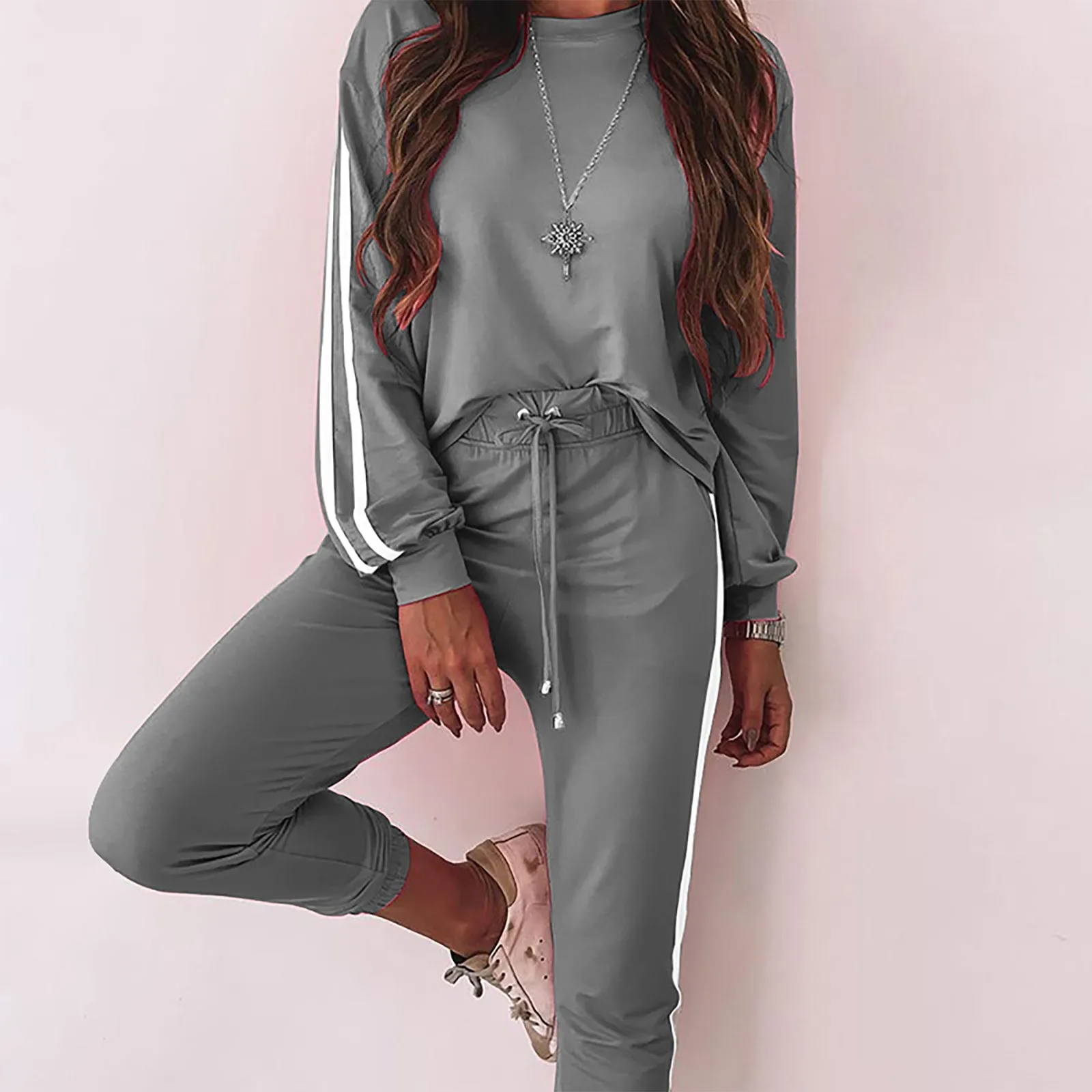 Women's Autumn Winter Tracksuit Suit Fashion Sports Loose Round Neck Long Sleeve Sweatshirts and Trousers 2 Piece Set Casual Set 1