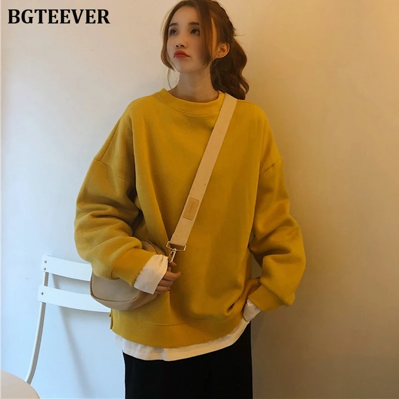 

BGTEEVER Fake 2 Pieces Women Sweatshirt O-neck Full Sleeve Female Pullovers Casual Loose Thicken Hoodies Female Tracksuit 2019