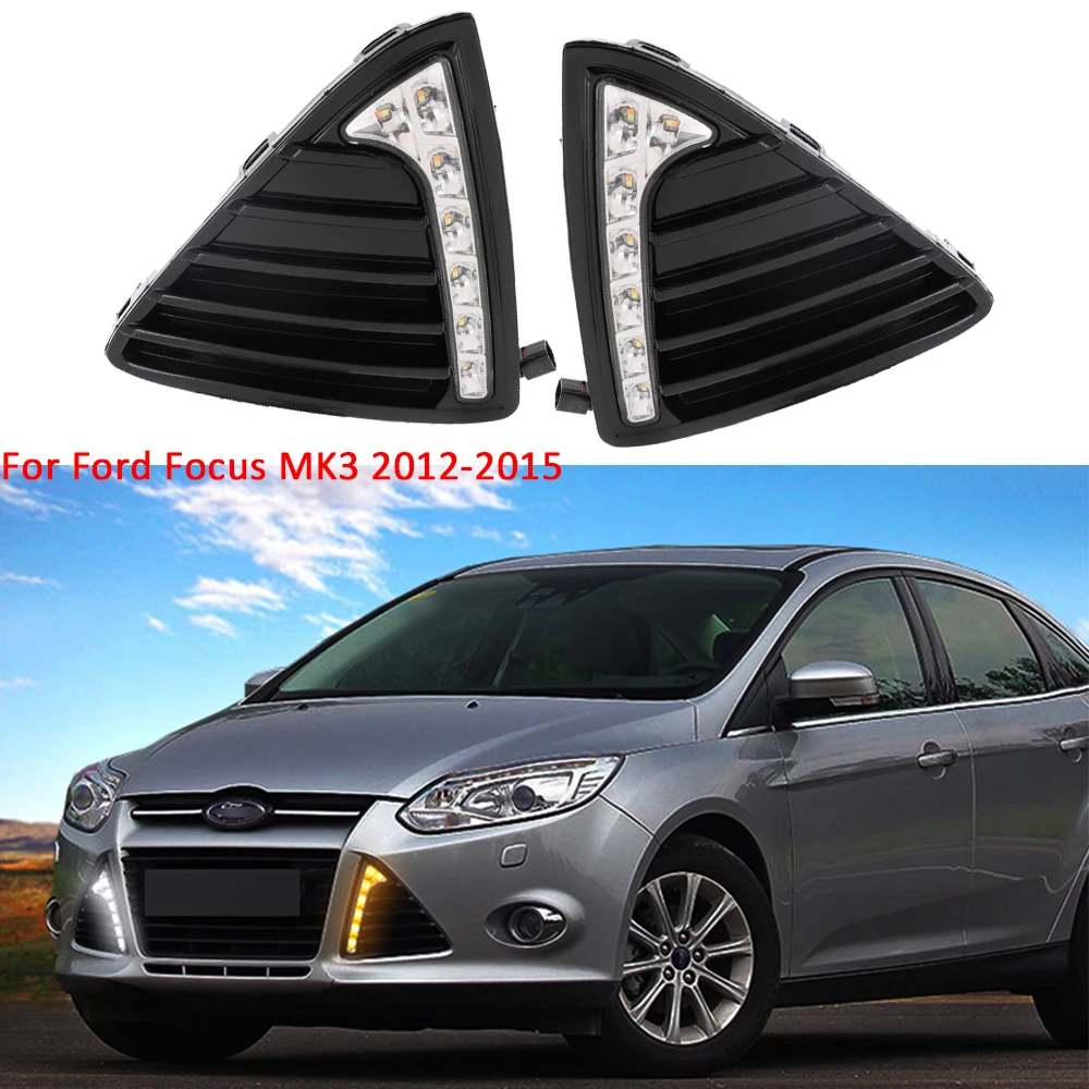 Для Ford Focus 3 MK3 2012~ Светодиодный дневной ходовой светильник DRL противотуманная фара реле с желтым поворотным сигналом