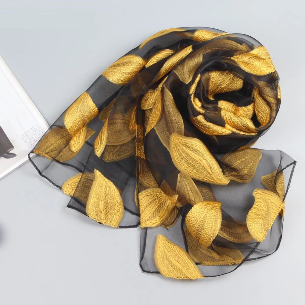 Новинка, Осень-зима, Модный женский длинный мягкий шарф с листьями, Дамская шаль, шарф из органзы, шарфы, шаль с принтом, палантин, шарф#926 - Цвет: Yellow