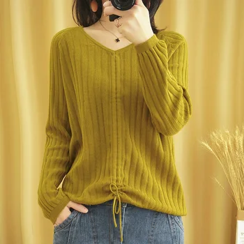 

BELIARST 2020 Spring New 100% Cotton Hemp Top Woman V-neck Long Sleeve Pullover Loose Casual Solid Color Knit Cotton Sweater