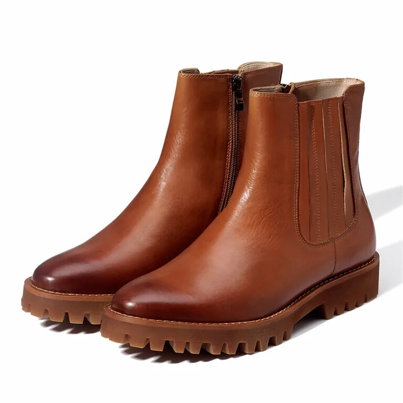 

Genuine Leather Men Ankle Boots Solid Flats Black Casual Work Shoes Trainers Zip Sneaker Male High Business Bota Masculina