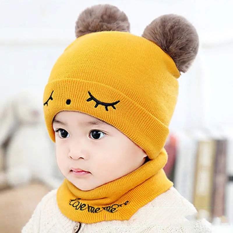 2pcs Hat Scarf Новое поступление брендовых комплектов из 2 предметов для новорожденных мальчиков и девочек, шапка с мультяшными ушками, шарф, зимняя теплая вязаная шапка с помпоном вязаная шапка, милый комплект шапочки - Цвет: 2pcs Hat Scarf