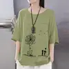Promo Tunic Tops Shirt Blouse Women 3/4-Sleeve Blusas O-Neck Loose Cotton Linen Female Cartoon-Printed 4000035090144
