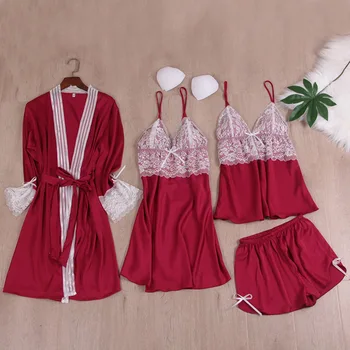 

4PCS Robe Set Satin Lady Kimono Bathrobe Gown Sleepwear Mini Sexy Nightgown Lace Satin Home Wear Bride Bridesmaid Wedding Gift