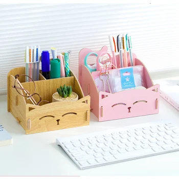 

DIY Pen Container Creative Korea Storage Box Desktop Cartoon Students Multi-Functional Wooden Children Pen Clip Card Holders