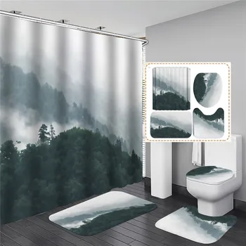

Fog Green Forest Landscape Shower Curtain 4 Piece Soft Bathroom Art Set Waterproof Polyester Fabric with Hook