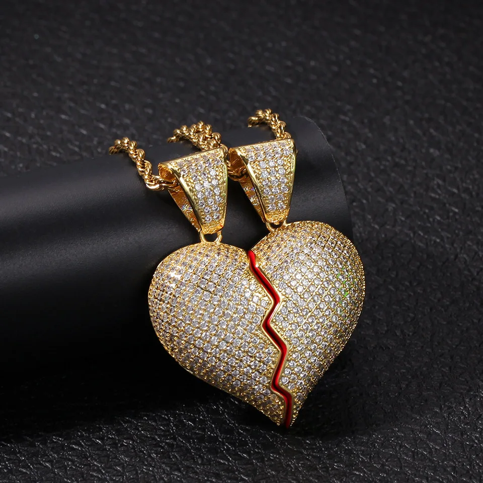 Красочные драгоценные камни кулон ожерелье для хип-хоп мужчин медь разбитое сердце льдом цепи женщин хрустальные подвески поп драгоценные камни трендовые ювелирные изделия