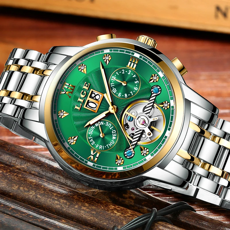 LIGE, настоящие часы, мужские автоматические механические Tourbillon часы, роскошные модные спортивные часы из нержавеющей стали, мужские часы