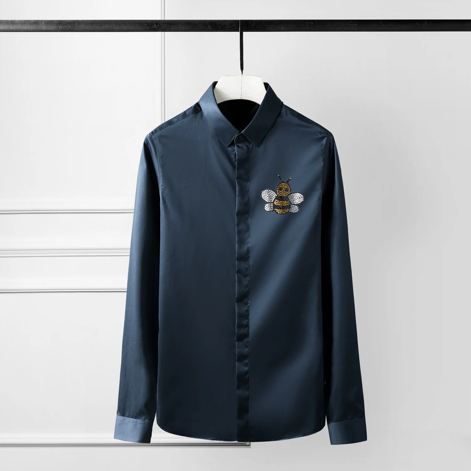 

Minglu Solid Color Mens Shirts Plus Size 4xl Luxury Diamond Crystal Bee Long Sleeve Mens Dress Shirts Fashioin Casual Shirts Man