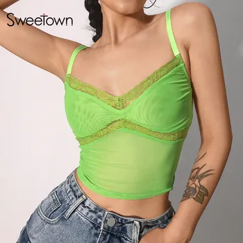 

Sweetown Summer Patchwork Lace Edge Green Mesh Tank Top Women Sleeveless Sexy Party Clubwear V Neck Rave Streetwear Crop Top