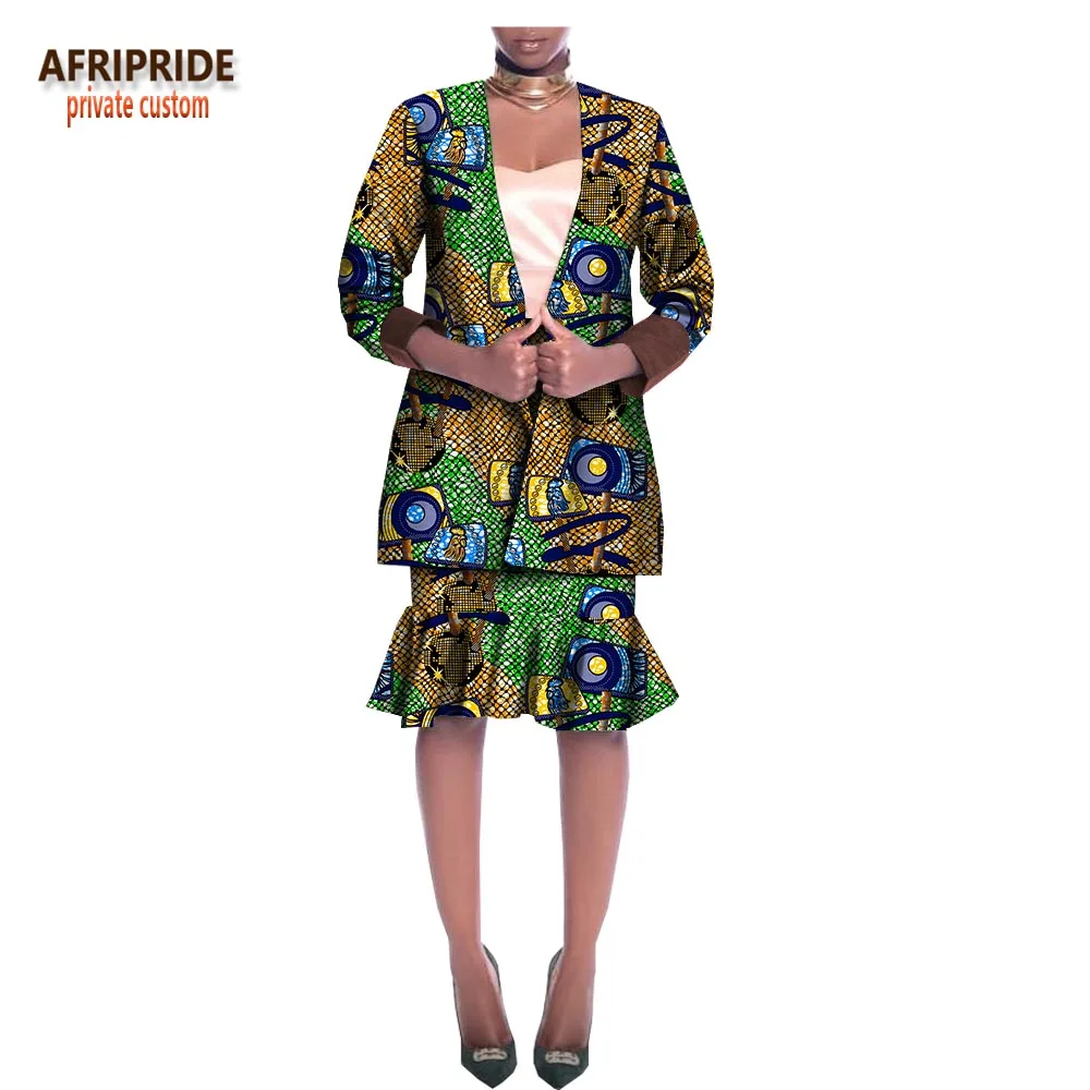 Afripride, африканская мода, юбка и пиджак, костюм для женщин, сделанный на заказ, топ на одной пуговице+ Юбка До Колена, Женский хлопковый костюм A1826015 - Цвет: 591J