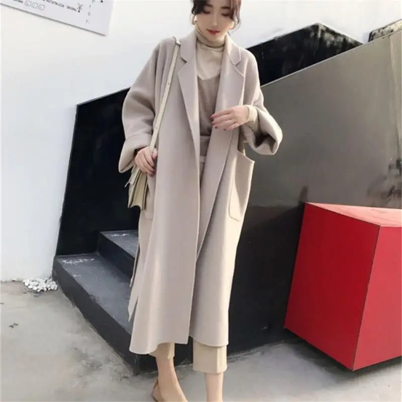 Осенне-зимняя женская повседневная шерстяная верхняя одежда, офисное женское длинное пальто большого размера с поясом, Женское шерстяное пальто