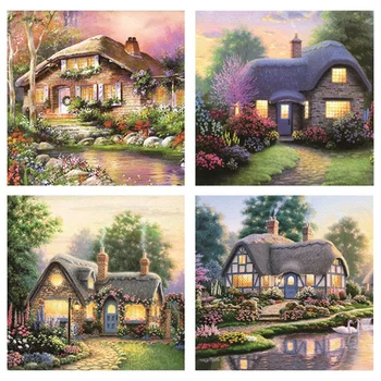 

4Pcs Full Drill 5D Diy Diamond Painting House Scenery Embroidery Landscape Cross Stitch Craft Kit