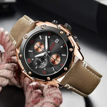 

MEGIR Brand Luxury Quartz Watches for Man Waterproof Leather Strap Army Sport Casual Stop Watch Chronograph Rose Gold Wristwatch