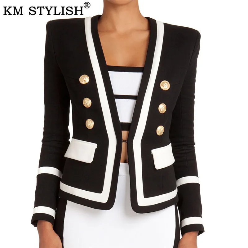 Blazers For Women Jacket Outwear Spot Handsome Jacket Metal Double Breasted Black and White Colorblock Classic Slim Blazer