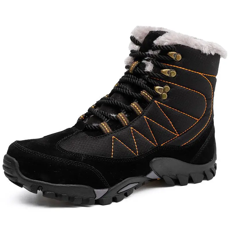 Vastwave Plus Size Unisex Men Winter Boots fur Warm Women Snow Boots Waterproof Lace-Up Men's Ankle Boot Male Hiking Shoes - Color: 8066blk