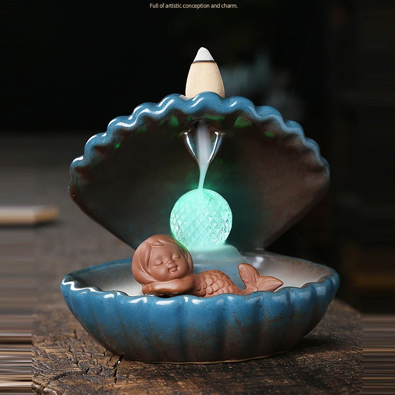 Shell Mermaid Backflow Incense Burner With Led Light Ceramic Cone