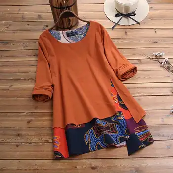 

Vintage Asymmetrical Tops Women's Patchwork Blouse 2020 Casual Chemise Long Sleeve Shirts Female O Neck Blusas Plus Size Tunic