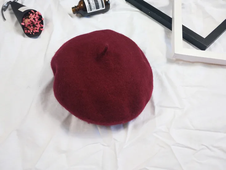 Wine Red Осенне-зимний Универсальный шерстяной берет в Корейском стиле, Женская винтажная шерстяная Повседневная Кепка в японском стиле, простая шапка bei lei mao - Цвет: Wine Red