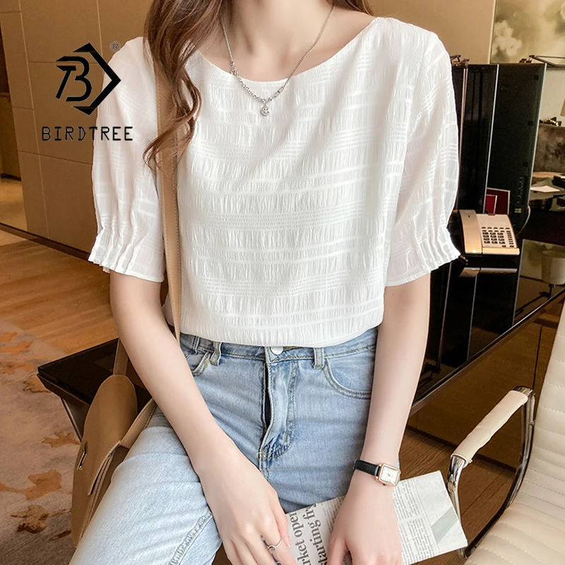 Blusa blanca manga corta con cuello para verano, camisa holgada de Color sólido para mujer, Tops de oficina para mujer, T15719X - AliExpress Ropa de