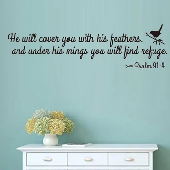 

He Will Cover You With His Feathers Bible Verses Scripture Psalm 91:4 Vinyl Stickers Bedroom Decor 17.5x62cm