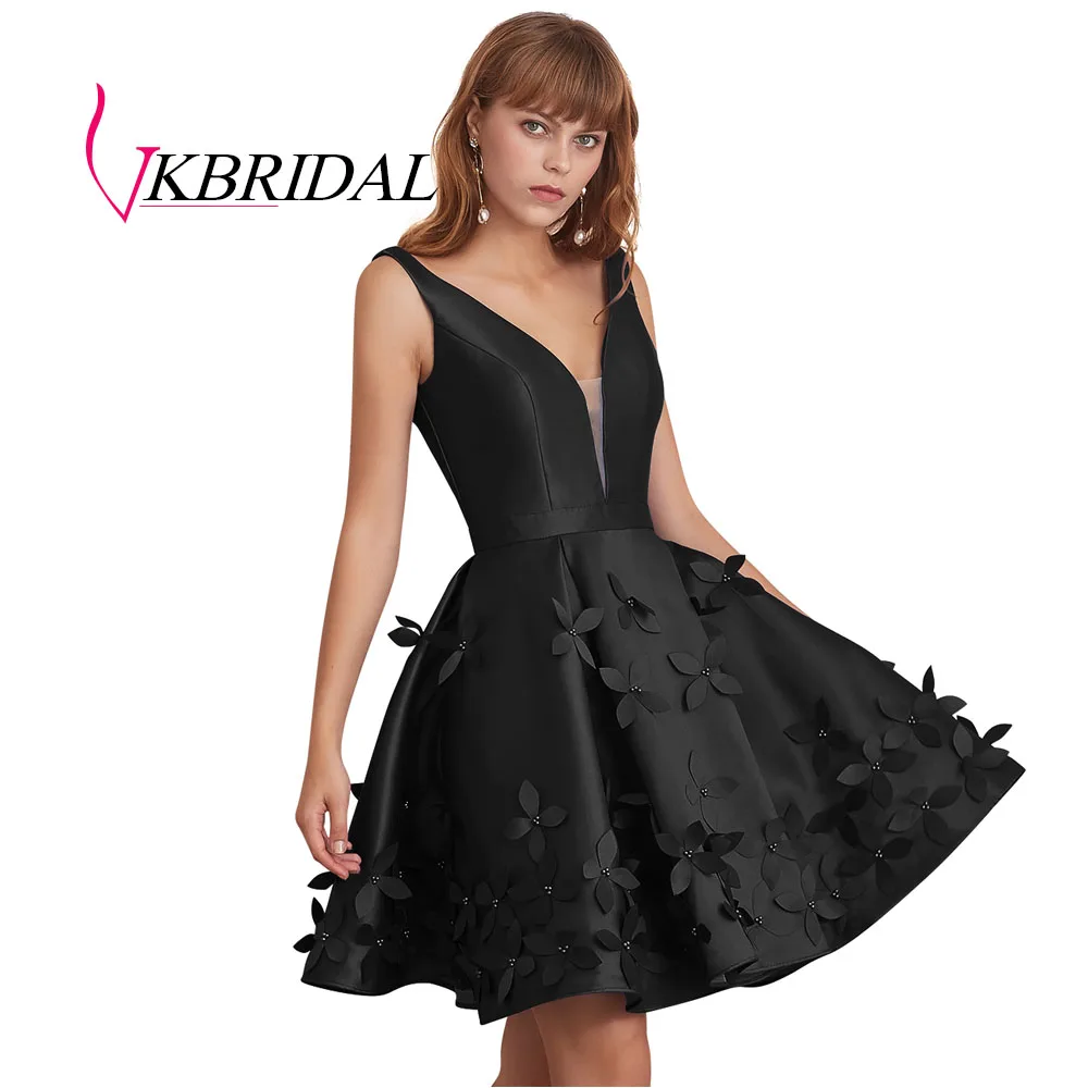 VKBRIDAL с низким вырезом на спине тёмно-синие короткие платья для выпускного вечера сексуальное подключения-водолазки для девочек атласное платье Встреча выпускников/корпоративы Выпускной платье - Цвет: Черный