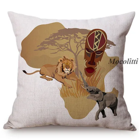Africa Map Design Home Decor Sofa Throw Pillow Case African Nation Features Mask Wild Animals Style Cotton Linen Cushion Cover M161-5
