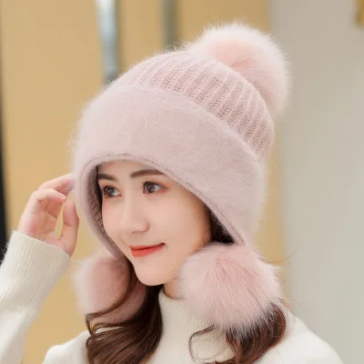 Шапка с тремя помпонами, женские зимние лыжные зимние шапки, теплая вязаная шапка из кроличьего меха с козырьком, новинка года, милые зимние шапки-бини для девочек - Цвет: pink