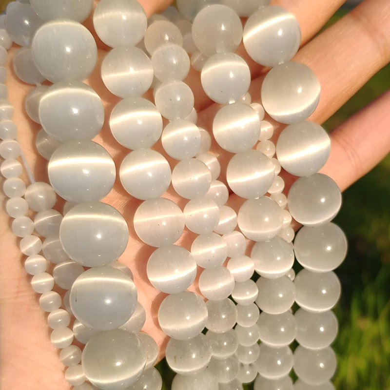 Natural Stone Beads Natural Moon Stone Beads White Cat Eye Round Loose Beads 4/6/8/10/12mm Jewelry Making DIY Bracelet 15" Strand