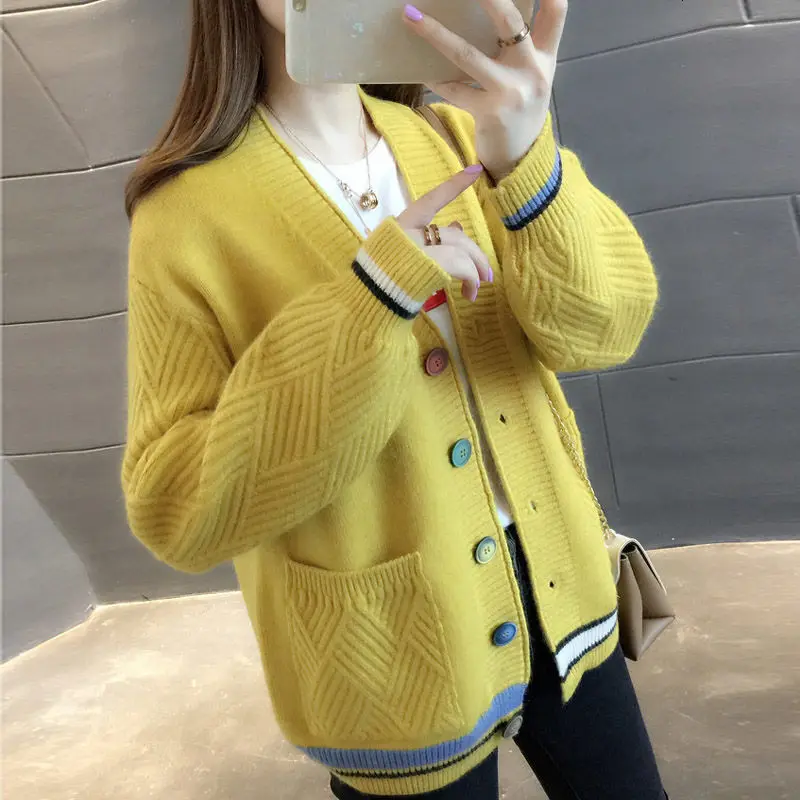 Thick Cardigan Female 2019 Spring Autumn Long Sleeve Crochet V Neck Knitted Women Sweaters Jacket Tops |