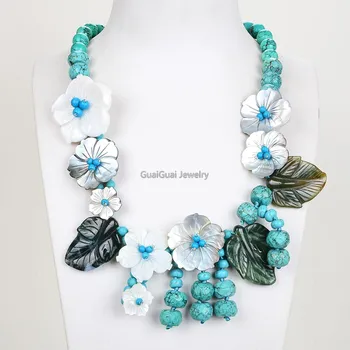 

GuaiGuai Jewelry 20-21" Blue Green Turquoise Shell Flower Green Agate Leaf Necklace