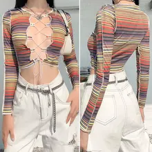 Best Price Contrast Stripe Knitting Woman Fall Streetwear Chic Hollow Out Strappy Harajuku Crop Top Skinny Soft Tshirt Multicolor Best Price Contrast Stripe Knitting Woman Fall Streetwear Chic Hollow Out Strappy Harajuku Crop Top Skinny Soft Tshirt Multicolor