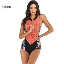 Lunamy, оранжевый, волнистый принт, сдельный купальник, женский купальник, сексуальный, без рукавов, боди, высокая горловина, пляжная одежда, купальник для женщин
