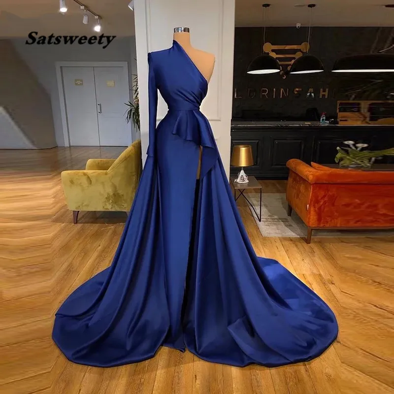Abendkleider Moroccan Kaftan Muslim Evening Dresses Mermaid Long Sleeve Satin Arabic Dubai Royal Blue Formal Gowns Vestidos