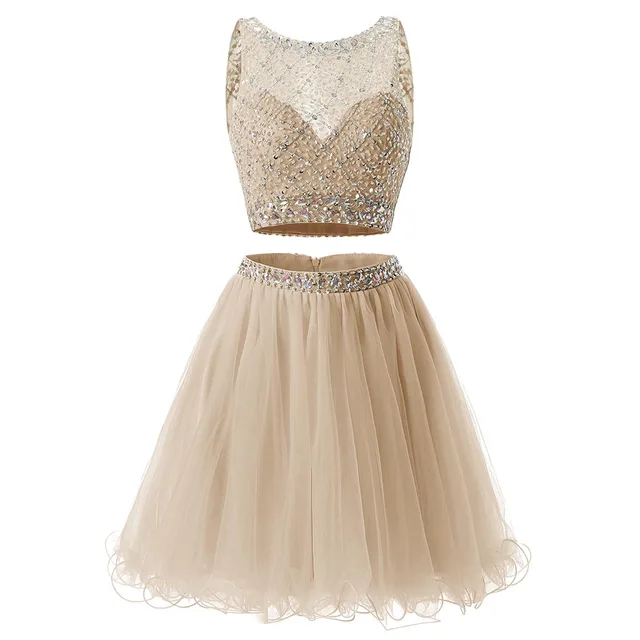 Free Shipping Homecoming Dress Tulle Two Pieces Girl Party Wear Cocktail Dresses Crystal Beaded Charming graduation robes Champagne