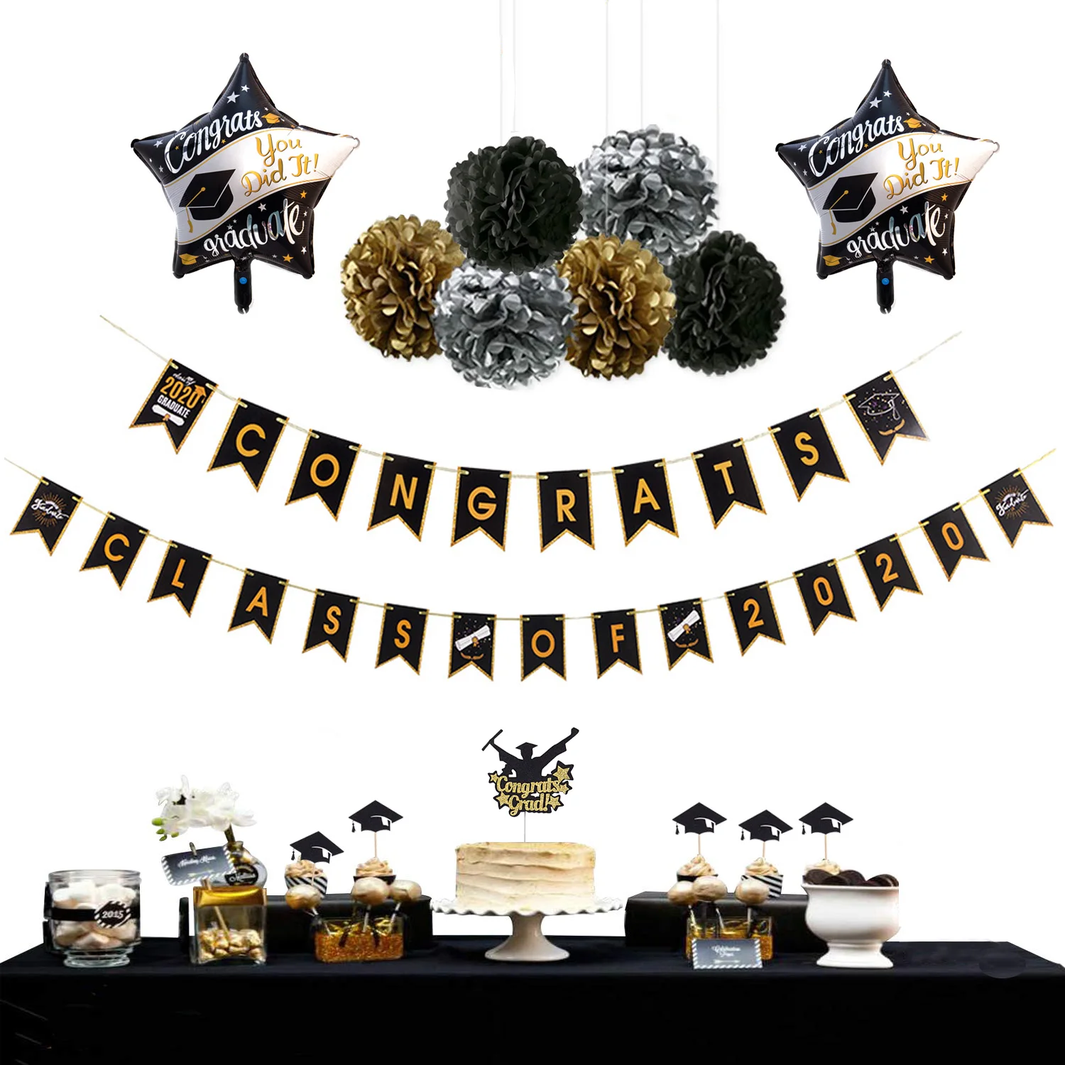 Graduation Party Decor Set Black Gold Congrats Grad Banner Foil