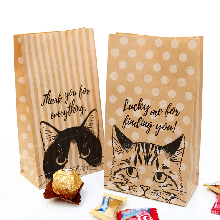 5 шт. милый кот крафт-бумажный пакет в горошек и полоску, подарочный пакет, вечерние, свадебные украшения, конфетный мешок, бумажный пакет для упаковки пищевых печенья